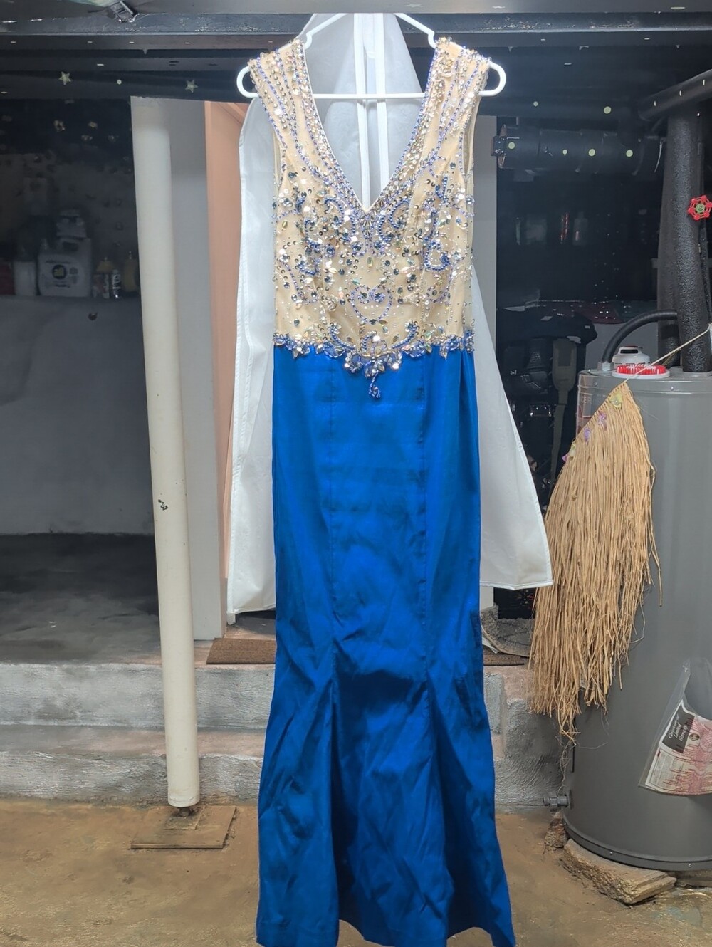 Elegant Beaded V-Neck Blue and Nude Evening Gown